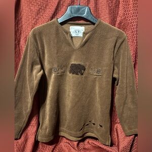 Women’s Vintage S Arctic Image Brown Fleece Pullover with Bear and Tree Design